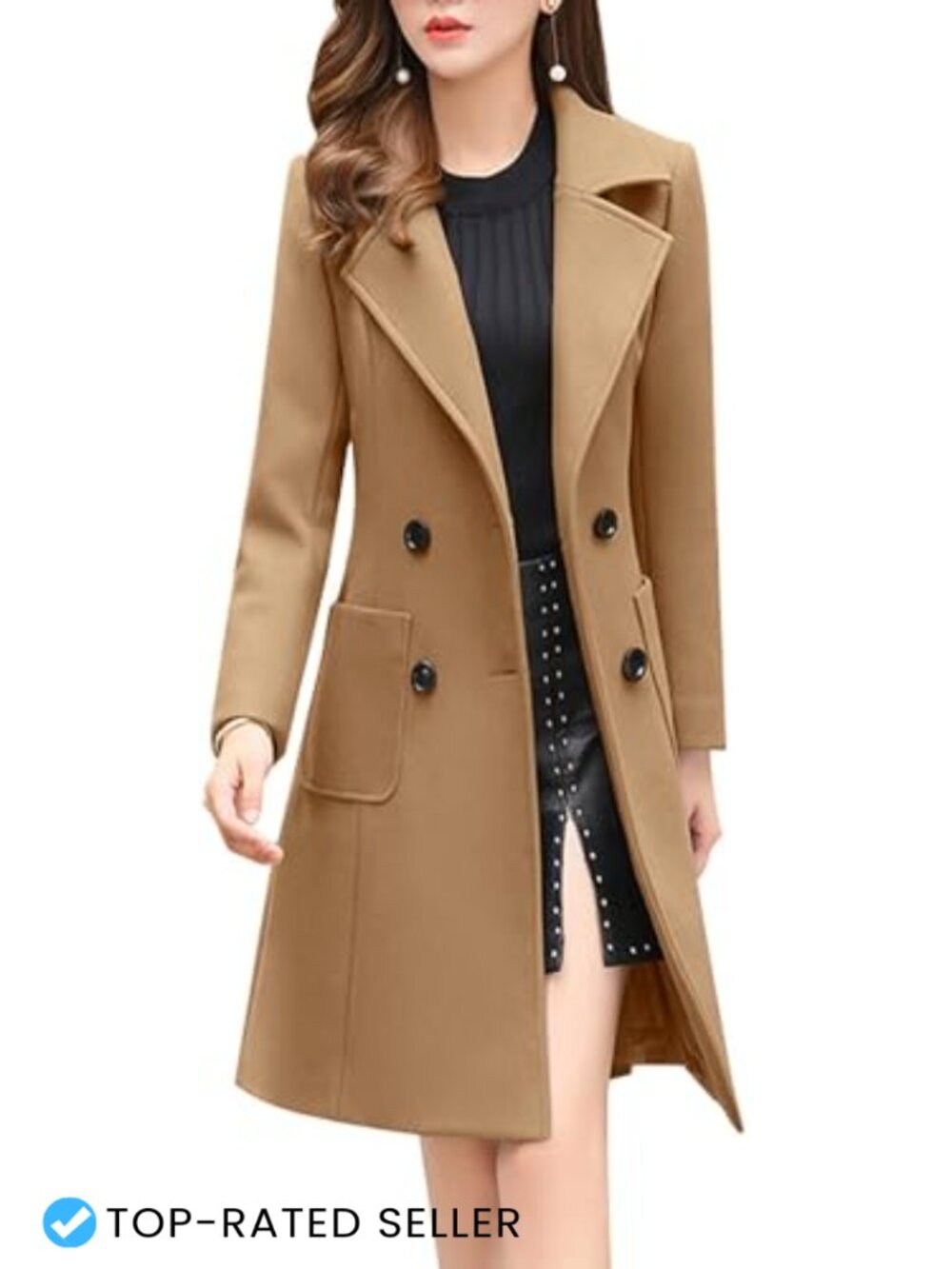 Wool Blend Double Breasted Notch Collar Midi Overcoat Pea Coat